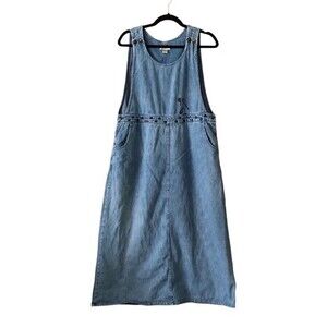 Vintage Y2K Christopher & Banks Jean Denim Pinafore Dress Dog Embroidered Large
